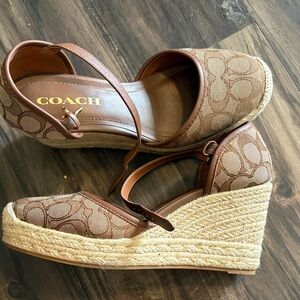 Coach Brown Signature Canvas Espadrille Wedge Sandals with Ankle Strap